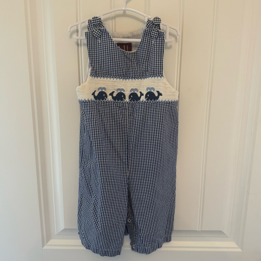 Smocked Embroidered Whale Jon Jon Plaid Blue 2T